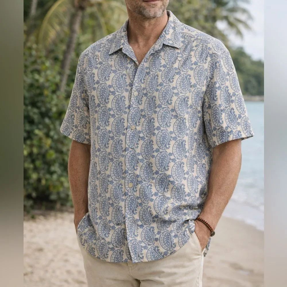 Tommy Bahama 100% Silk Blue Paisley Short Sleeve Camp Shirt Size XL